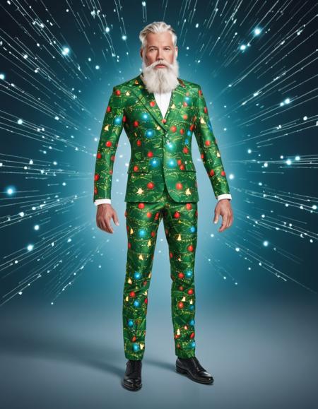 cybernetic ai robotic android man with a big white beard wearing an xmas suit, glowing eyes, exposed circuits, Weightless suspension, zero gravity, floating elements, serene tranquility, boundless space, a photocopy