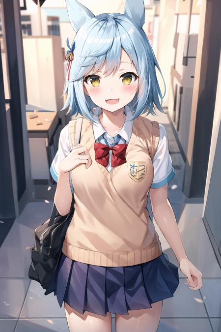 ((beautiful, masterpiece)), best quality, extremely detailed face, perfect lighting, 4k, 1girl, solo, fubukiAL, smile, blush, open mouth, fubuki_\(azur_lane\), fang, school uniform, sweater vest, pleated skirt, <lora:FubuLoraV1:0.9>, cowboy shot