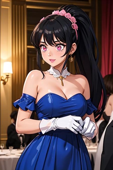 solo, 1girl, black hair, ponytail, hair accessories, pink eyes, blue fancy dress, long white gloves, at a gala