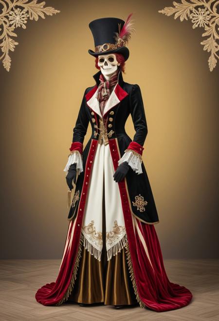 Lace,
Steampunk character in a floor-length velvet coat, gold tassels, embroidered snowflakes, leather top hat with skull emblem, red-and-white striped details, ruffled scarf, and feathered accents.  Cast bronze surface, vibrant complimentary colors, antique patina finish, contrasting colors, balanced tones.