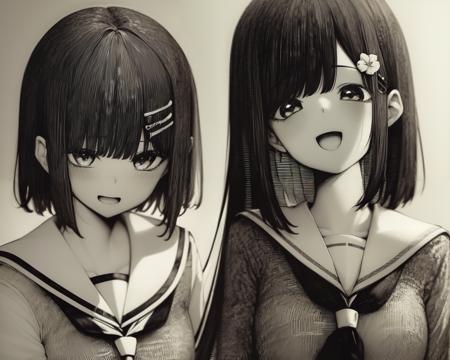 <lyco:epeulu-NAI-LyCORIS:0.9>, greyscale, monochrome,
2girls, smiling, black hair, hair ornament, short hair, flower, very long grey hair, hair ornament, closed eyes, school uniform, tress ribbon, hairclip, sailor collar, hair ribbon, blush,  ribbon, serafuku, sailor collar, :o, collarbone, bangs, looking at viewer