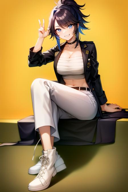 kson(vshojo), sitting, belt, white footwear, black hair, black jacket, grin, large breasts, smile, coat, white pants, chest sarashi, simple background, cleavage, blue eyes, open clothes, pants, solo, black choker, boots, sarashi, midriff, yellow background, full body, jacket, 1girl, looking at viewer, blue hair, ponytail, choker