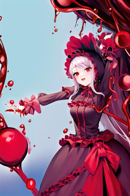 shalltear bloodfallen, casual dress, blood pool, 1girl, red eyes, solo, dress