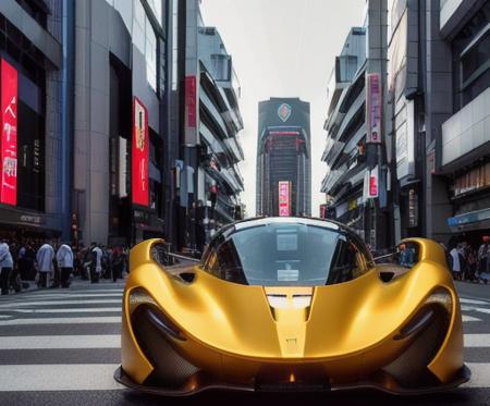 a hover car, racer, made in Japan, flying, sleek, by Ferrari, by McLaren, in Ginza Tokyo, futuristic, neon, golden hour, dynamic lighting, hdr, photography, 8k, full car,