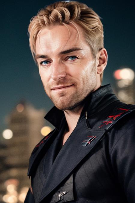 RAW 4k photo of blonde man villain:1.5 <lora:anth0nyst4rr:1>, ominous lighting, grinning:0.5 in patriotic combat suit, downtown at night, bokeh, villainous undertones