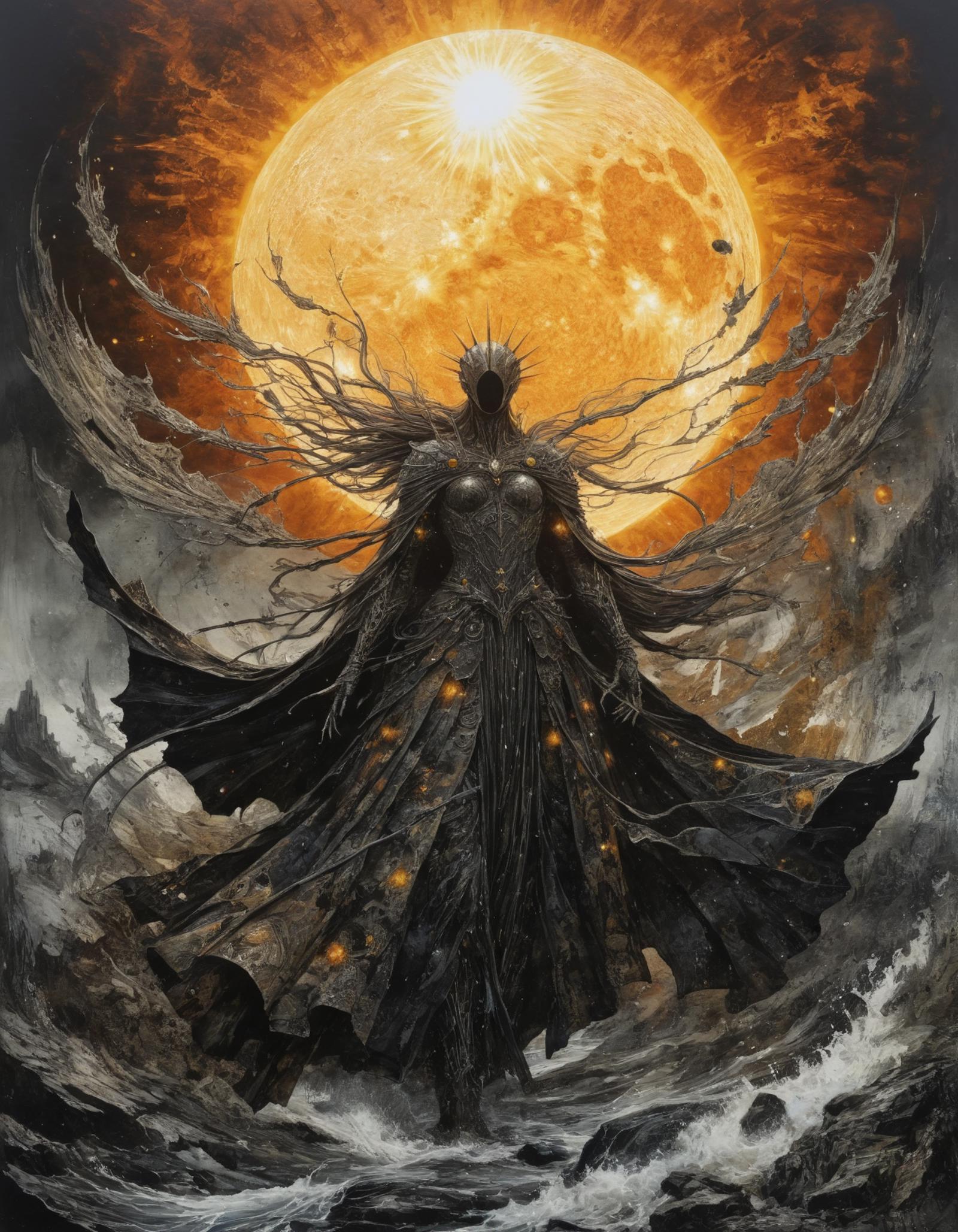 The artwork features a woman with long black hair, dressed in black, and standing in front of a large sun. She appears to be a demon or a female warrior, with her wings spread wide, possibly indicating a powerful or supernatural presence. The sun in the background adds a dramatic and intense atmosphere to the scene. The overall impression is one of strength and mystery, as the woman's dark appearance contrasts with the bright, fiery sun.