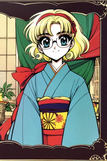 clamp,Magic Knight Rayearth,1girl, japanese clothes, glasses, blonde hair, solo, kimono,blue eyes, short hair, retro artstyle, smile, 1990s (style), round eyewear, green kimono, ribbon, hairband, egasumi, hair ribbon,upper body, <lora:Magic knight Rayearth:0.8>