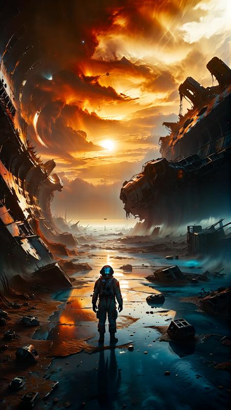 In the vast expanse of space an abandoned spaceship drifts its once proud hull now rusted and battered. A lone astronaut his suit torn and tattered struggles through the wreckage searching for a way to survive. A distant planet appears in the distance its surface a patchwork of colors and textures. The sky is a canvas of shifting hues from the deep blue of space to the fiery red of a nearby sun. The air is thin and cold bringing with it the harsh reality of the cosmos, survival is not guaranteed and death comes swiftly for the unprepared. The picture is detailed, intricate and atmospheric, 
Wide range of colors, Dramatic,Dynamic,Cinematic,Sharp details
Insane quality. Insane resolution. Insane details. Masterpiece. 32k resolution, dvr-lnds-sdxl,
<lora:add-detail-xl:0.3>  dvr-lnds-sdxl <lora:MJ52:0.5>  <lora:zavy-cntrst-sdxl:0.4>  <lora:zavy-rmlght-sdxl:0.4>  <lora:dvr-lnds-sdxl:0.5>  <lora:extremely_detailed:0.3>  <lora:great_lighting:1>