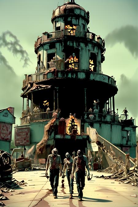 Forgotten amusement park, twisted rides and empty concessions, survivors navigating a macabre funhouse of death. ,screen cap from George A. Romero's Twilight of the Dead" , twilight_of_the_dead