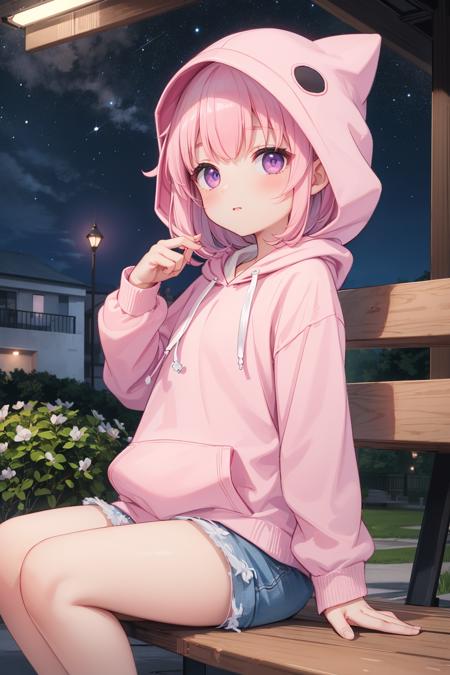 masterpiece, best quality, 1girl,solo,sitting on bench park,late night,starry sky,pink hair,hood up,pink hoodie,looking at viewer,purple eyes, outdoors,sidelighting,