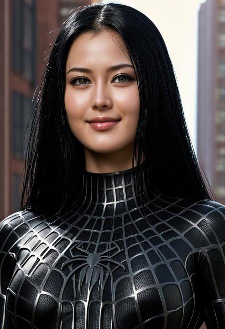 score_9, score_8_up, score_7_up, best quality, realistic, masterpiece, beautiful detail, hyperrealistic, afternoon sky, ((1girl, woman body, big breasts)), amazing detailed full body portrait of a beautiful japanese girl, wearing a realistic and highly detailed black raimi spider-man suit, ((huge muscular girl)), professional model wears ultra - detailed black raimi spider - man suit, ultra - detailed and grained black raimi spiderman suit, suit covered entire body and hand, black spiderman gloves, wet, (long black hair, middle part, pale black eyes, looking at viewer, seductive pose, smile), (full body), (dirty skin), close up, octane render, highly detailed, volumetric, dramatic lighting, (highest quality:1.1), (HDR:1.3), (top quality, best quality), realistic, high definition,