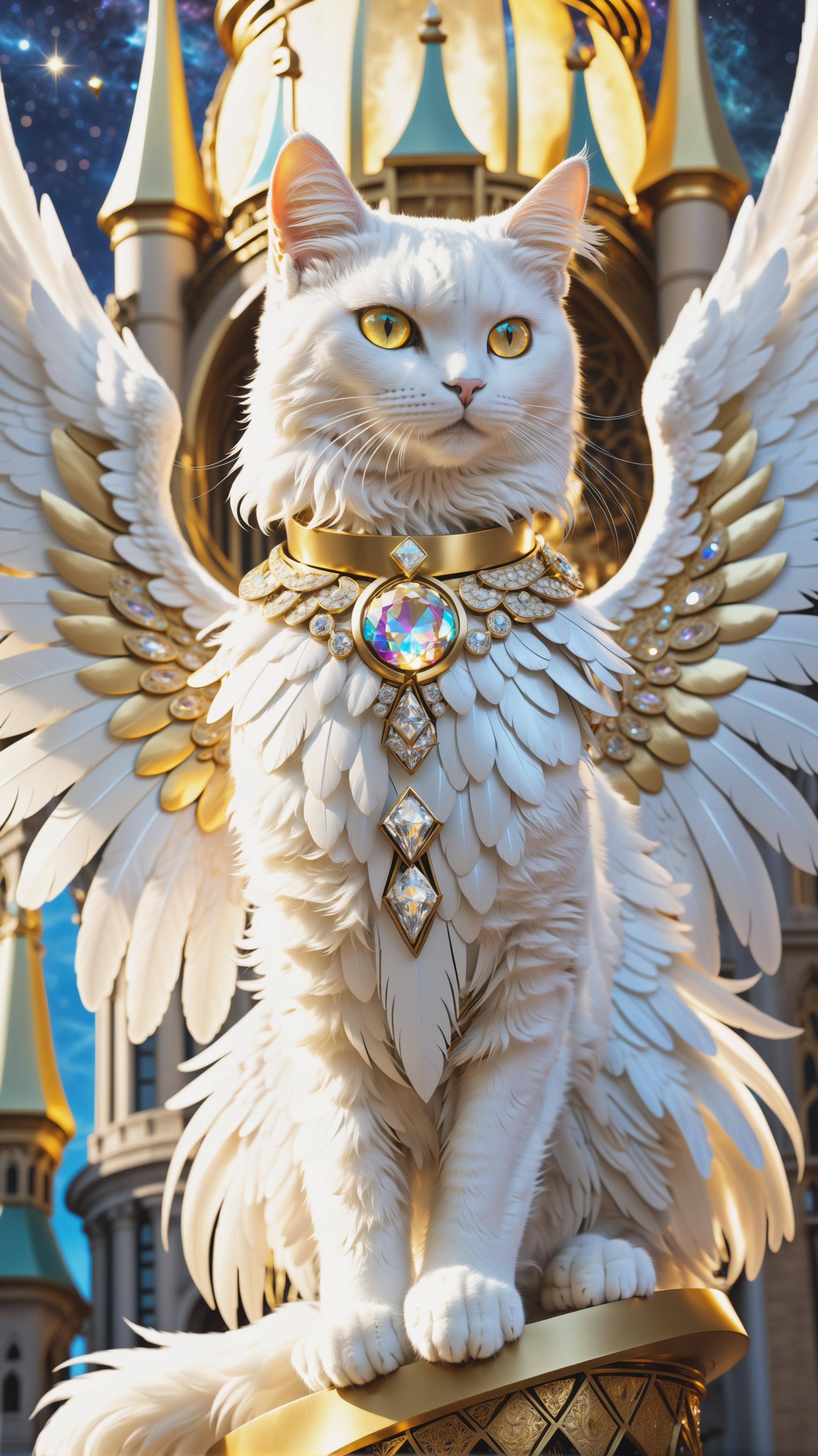 A white, gold, and jewel-adorned cat statue with wings and a halo.
