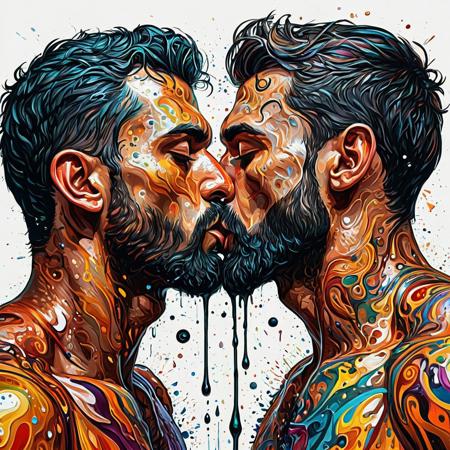 Finely detailed vector illustration, men kissing, seduction, ultra realistic quality,circle symbols,white background, oil painting, hyperdetailed, intricately detailed,  triadic colors,fantastical,intricate detail,splash screen,complementary colors, fantasy concept art, 8k resolution, masterpiece,oil painting,heavy strokes,paint dripping.