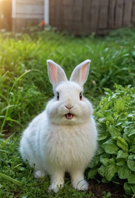 Closeup, a cute fluffy rabbit in the middle of a hoarder's front garden, the rabbit in the middle is happy and laughs into the camera,
very detailed, ho, masterpiece, top quality, best quality, official art,highest detailed, atmospheric lighting, cinematic composition, complex multiple subjects, 4k HDR,