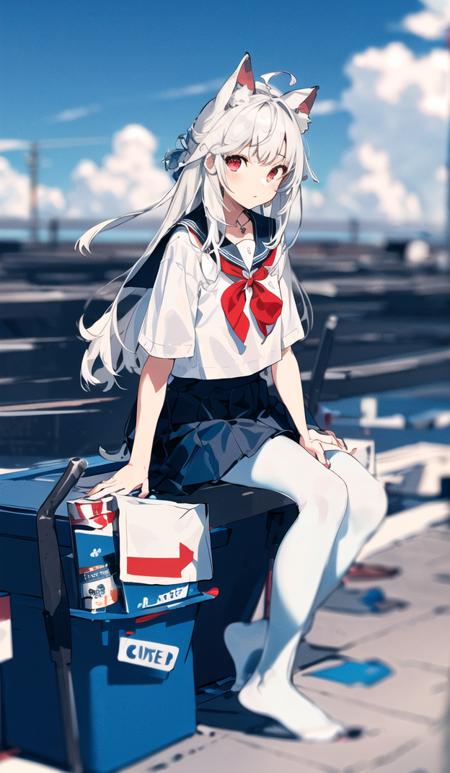 ((masterpiece, best quality)),a girl, solo, skirt, sky, sitting, pantyhose, cloud,day, bangs, fence, shirt, ahoge, rooftop, long hair, white pantyhose,white hair, white school uniform, white sailor collar,red eyes, sailor collar, white skirt,, white serafuku, animal ears, blue sky,white shirt, looking at viewer, closed mouth,cat ears, chain-link fence, white skirt, cloudy sky, trash can, pleated,no shoes