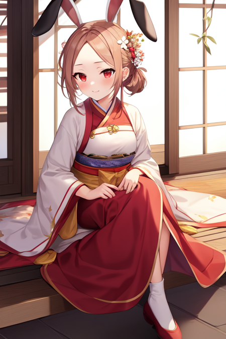 hanfu, hair flower, POV, rabbit ears, small breasts, forehead, sitting, bow, red eyes, full body, scrunchie