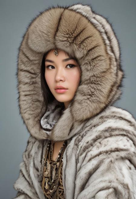 Eskimo girl, Ancient Empress costume, Beautiful girl, sensual, Eiko Ishioka fashion style, Alexander McQueen fashion style, neutral grey background