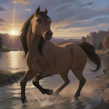 1horse, buckskin coloured horse with a black mane without white spots with a dark brown nose, a black tail, and brown eyes, running, (sun shining), in the river, Soft Lighting, 8k, photorealistic, UHD, HDR, sideview, view from the side, (best quality, masterpiece), ((four legs:1.4)), spirit2002, one head, <lora:spirit2002:0.45>