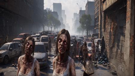 a female zombie emerges, capturing the grim reality of the post-apocalyptic cityscape, a bunch of cars parked in a lot, ultra realistic Environmental, The zombie's face is meticulously detailed and rendered with ultra-realism, lighting, ray tracing, realistic, depth of field, 