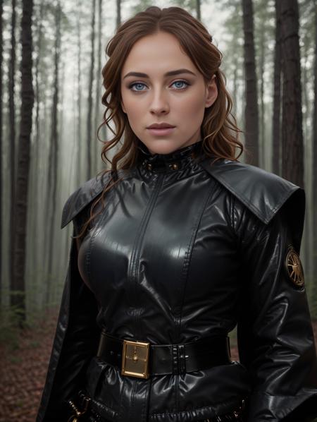 (8k, best quality, masterpiece:1.2),(best quality:1.0), (ultra highres:1.0),action pose, a beautiful woman <lora:MinaV1:1.0> , beautiful blue eyes, detailed iris, chestnut hair, full body portrait, medium breasts, wearing black jedi robes with gold leather belt, star wars, forest endor background, modelshoot style, intricate, elegant, skin details, realism, (hyperrealism), (cinematic), (hyperdetailed:1.2), hdr