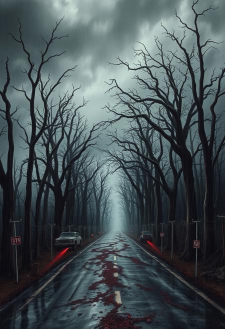 a kind of road to hell, old dead trees, bloody rain, heavy clouds, sinister, detailed matte painting, hyperdetailed charcoal drawing, oil painting by James Gurney, (best quality, 4k, 8k, highres, masterpiece:1.4), ultra-detailed,(realistic, photorealistic:1.37), HDR, UHD, ultra-fine, sharp focus, physically-based rendering, extreme detail description, professional, vivid colors, bokeh, landscape, horror, photography, concept artists, cooler tones, moody lighting