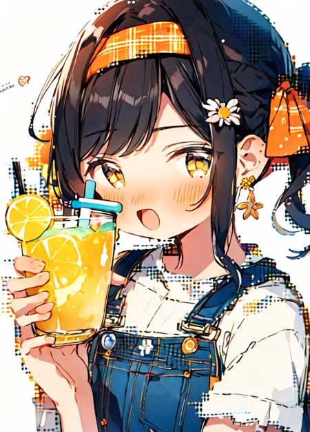 shouhui, 1girl, :d, bangs, black hair, blush, bow, bracelet, brown eyes, cup, drink, drinking glass, drinking straw, flower, food, fruit, hair bow, hair ribbon, holding, holding cup, jewelry, leaf, lemon, lemon slice, looking at viewer, open mouth, orange \(fruit\), orange slice, polka dot, polka dot bow, polka dot ribbon, polka dot shirt, ribbon, shirt, short sleeves, smile, solo, twintails, upper body, waving, white shirt, yellow flower, white background, yellow eyes, multicolored hair, cowboy shot, hairband, earrings, hand up, side ponytail, denim, overalls, print shirt, holding drink, fukumaru koito  <lora:shouhui:1>