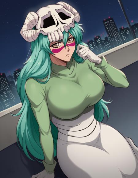 <lora:nelliel-tu-odelschwanck-anime-ponyxl-lora-nochekaiser:1>, nelliel tu odelschwanck, long hair, green hair, facial mark, skull, brown eyes, green hair, large breasts, normal outfit, skirt, barefoot, midriff, torn clothes, crop top, short sleeves, espada suit, dress, white dress, long sleeves, collar, skirt, white skirt, gloves, white gloves,