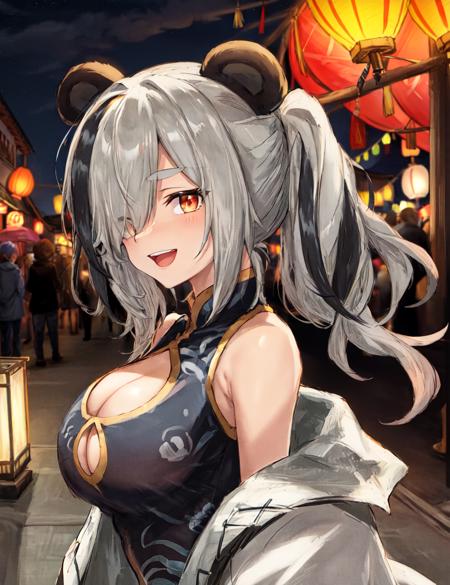 masterpiece, best quality, <lora:FeaterNaiV1:0.7>, 1girl, solo, feater \(arknights\), panda ears, eyebrows, orange eyes, grey hair, hair over one eye, long hair, multicolored hair, black streaked hair, twintails, large breasts, black china dress, chinese clothes, bare shoulders, white jacket, black sleeves jacket, open jacket, cleavage cutout, cleavage, night, street, portrait, paper lantern, :d