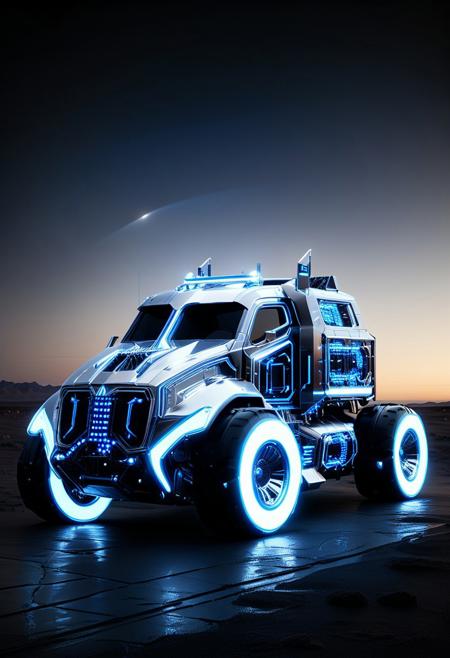 masterpiece, hyper detailed, very realistic photograph, score_9, high quality, (best quality:1.2), futuristic silver and blue glow madmax truck made of silver and cyborg circuits with glowing accents, in the futuristic dark black tron dessert,
