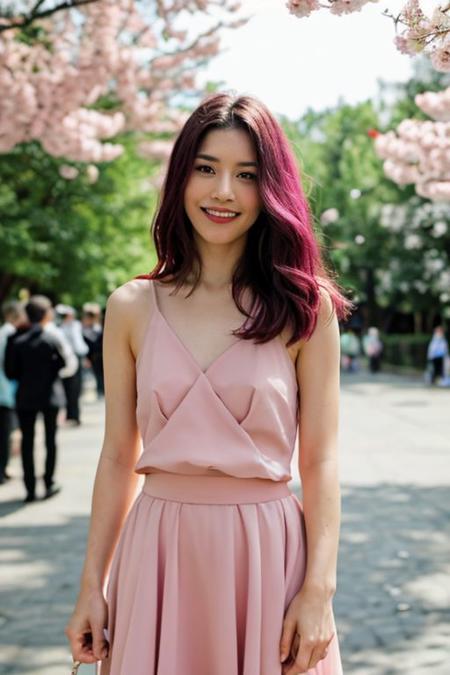 photograph of a cute girl, cute hairpin, pink hair, pale skin, blush, (topless:1.1), innocent, city spring festival, sakura petals in the air, Porta 160 color, shot on ARRI ALEXA 65, bokeh, sharp focus on subject, shot by Don McCullin, nsfw, seductive smile while showing naked breast