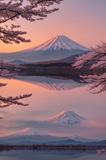Mount Fuji at sunrise, glowing orange and pink sky reflecting on the snow-covered peak, still lake in foreground with perfect reflection, cherry blossom trees framing the view, ultra-realistic, Canon DSLR photo, peaceful atmosphere