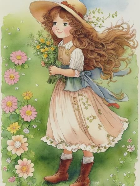 <lyco:KateGreenaway:1.0> Vintage Holly Hobbie illustration style. She has a lightly pencil drawn face with big brown expressive eyes, sweet and gentle smile. Correct hands. The girl has long wavy hair. She wears old fashioned flower patterned dress. She wears brown boots. She wears a huge bonnet with flowers. She is playing in the meadow. Vintage Hallmark style. There are many flowers.There are little birds. Pretty. Betsey Clark style, Sarah Kay style watercolour, whimsical, charming, wimmelbilder, adorable, happy, nostalgic, floral, blossom, pretty