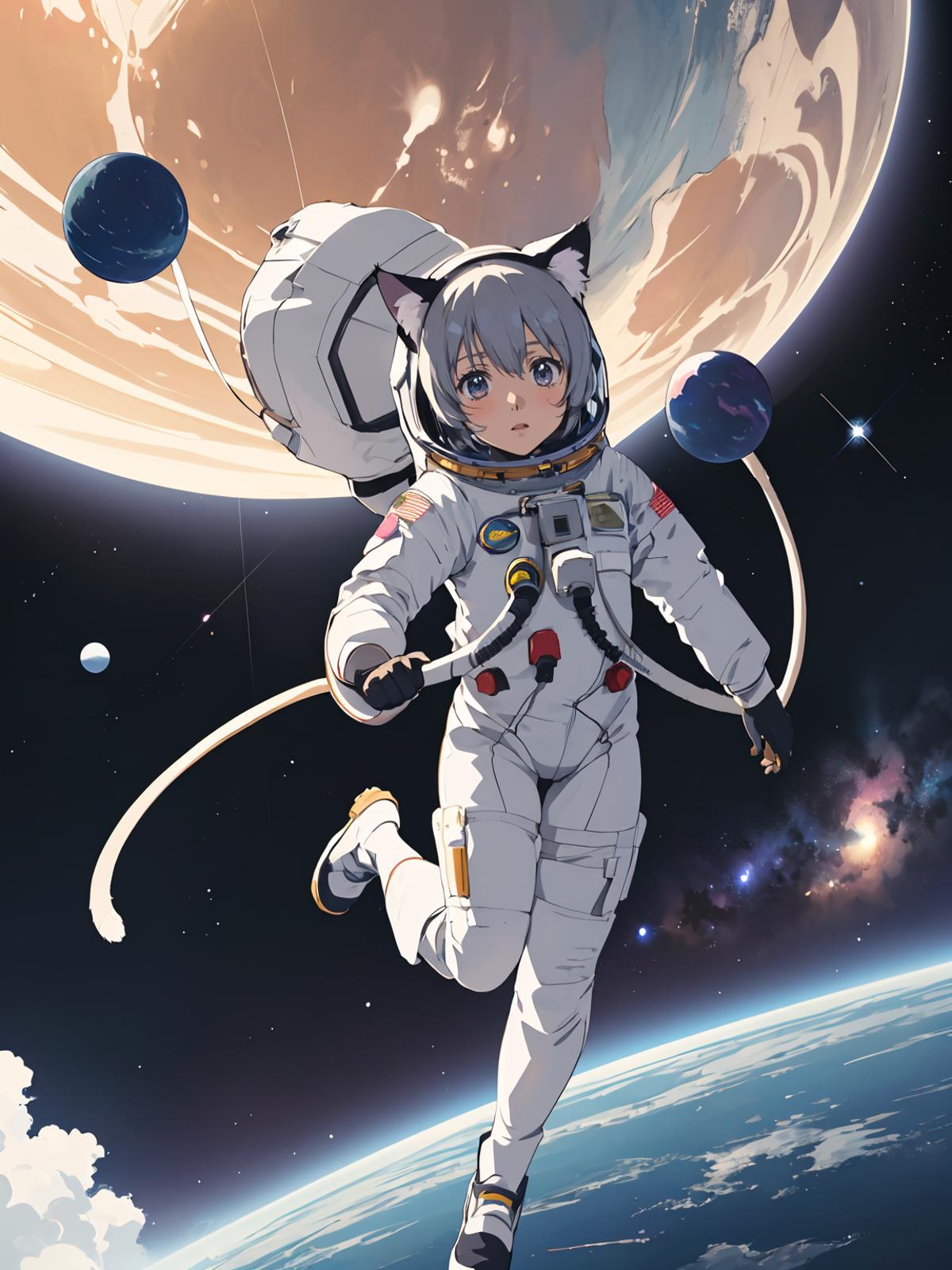 A young girl dressed in a space suit with a cat face and a backpack.