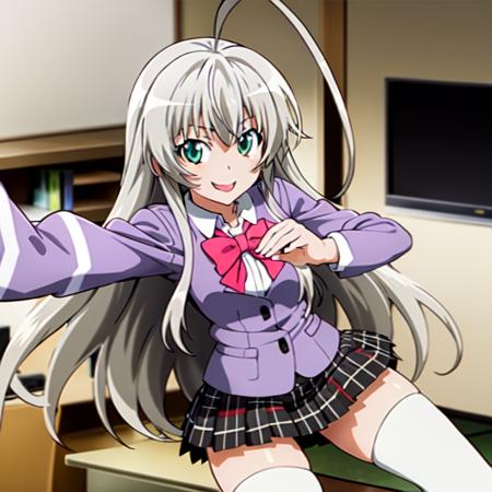 masterpiece, best quality, nyarlathotep \(nyaruko-san\), school uniform, skirt, bow, very long hair, white thighhighs, zettai ryouiki, ahoge, smile