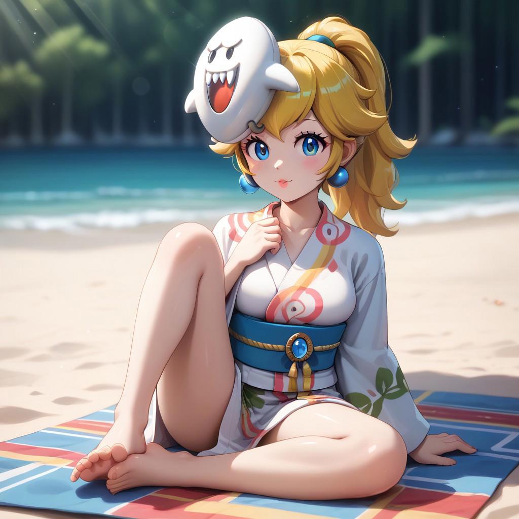 1girl, IncrsPchYukata, long hair, ponytail, japanese clothes, yukata, mask on head, obi, sash, boo,  earrings, jewelry
sunshine, light particles, beach, sitting, beach towel, leg up, barefoot, soles, toes, [[foot focus]]  , feet
(best quality), ((intricate details)), (shiny skin), [eye lashes], ((anime style, extremely detailed, finely detailed, beautiful detailed face, beautiful detailed eyes, beautiful detailed shading)), (beautiful, beautiful amazing, ultra-detailed, 8K wallpaper, vibrant colors), [high saturation], [blush], cute, (perfect body, perfect anatomy, perfect face), (ultra-detailed face, perfect nose),  beautiful scenery, best quality, 2020s, highres, score_9, score_8, score_7, sharp focus,  (medium breasts)