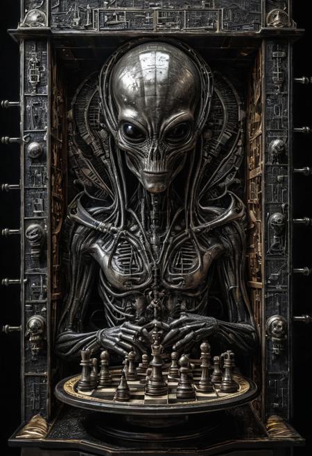 Cosmic chess, 
an interestellar chess game where cosmic elements serve as chess pieces on an astronomical board, 
stargate, 
fire ball and comets as pieces of chess, 
gods playing chess, 
few pieces of chess, 
planets, 
style biomech art, 
by H R Giger, 
alien symmetrical portriat science ai, 
intricate details, 
complex, 
very high contrast, 
sinister energy, 
alien atmosphere, 
dramatic light, 
shiny details, 
concept art, 
very sharp focus, 
intrincate details, 
intricate painstaking attention to detail, 
award winning, 
8k, 
crisp quality, 
hyperrealistic, 
exquisite craftsmanship, 
hdr, 
masterpiece, 
luscious, 
mesmeric, 
dreamy, 
eye-catching, 
dark circles, 
pretty, 
excellent, 
gorgeous, 
adorable, 
classy, 
stunning