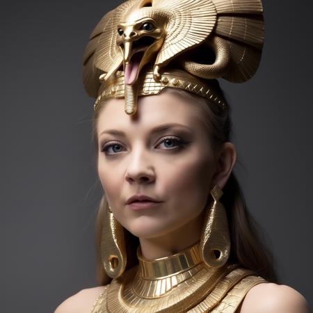 Photo of (ohwx woman) <lora:NatalieDormer:1> as an Egyptian queen, serpent headdress, golden serpent jewelry. pyramids, Egypt