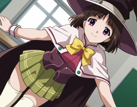 yukari sendou, short hair, purple eyes, bangs, blunt bangs, brown hair, skirt, thighhighs, hat, school uniform, cape, brown cape, white thighhighs, witch hat, capelet, white capelet, bow, yellow bow, pleated skirt, green skirt, corset,