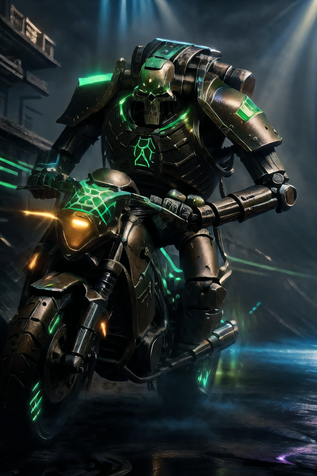 riding motorcycle, holding gun , a metallic humanoid skeleton robot warrior with GlowingRunes_green tatoos  <lora:GlowingRunesAIv4:1.3> <lora:necons:0.5>,glowing, armor, robot, helmet, necrons, <lora:lowra_v10:0.8> wide glowing eyes <lora:Legion of the Damned MK1 by CARAXES:0.7>