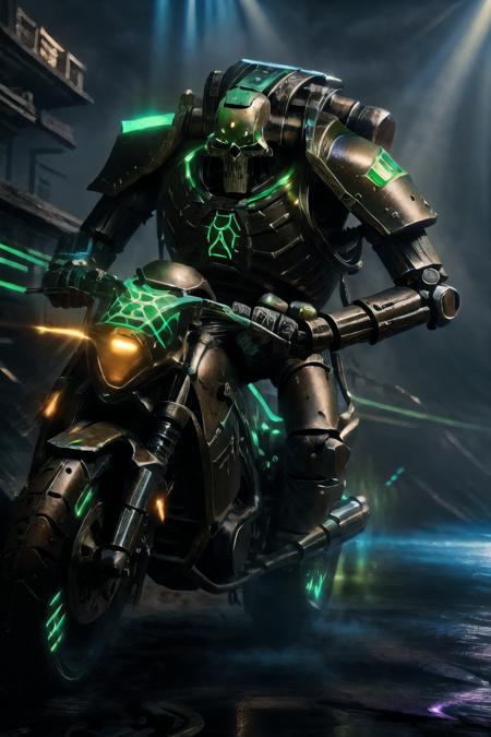 riding motorcycle, holding gun , a metallic humanoid skeleton robot warrior with GlowingRunes_green tatoos  <lora:GlowingRunesAIv4:1.3> <lora:necons:0.5>,glowing, armor, robot, helmet, necrons, <lora:lowra_v10:0.8> wide glowing eyes <lora:Legion of the Damned MK1 by CARAXES:0.7>