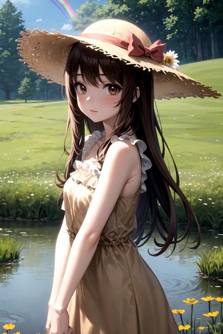 masterpiece, best quality, 1girl, long brown hair, brown eyes, long gold dress, frilled top, sun hat, meadow, pond, tent in background, rainbow