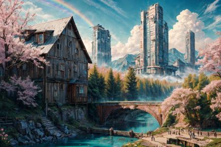 (RAW photo, 8k uhd, Analog style, Masterpiece, Best Quality, Highres:1.4), (dramatic, cinematic:1.2), BREAK,
movie shot of colorful hyperdetailed fantastic fantasy mysterious magic landscape, above clouds, (medieval elven fantasy (village:1.35), (steampunk:1.05) (peasant:1.15) (robots:1.1) (crowd:1.35), playing (little steampunk (girl:1.25):1.1), (farm:1.31), (lake, (river:1.14):1.15), (bridges:1.4), (waterfalls:1.35), (boat:1.4), (dock:1.1), (cliff:1.35), road, (green:1.05) valley, (flowers:1.2), (maple trees:0.65), (green:1.05) (fields:1.3), (fences:1.3), (snowy:1.17) (pines:1.1), (pink:1.0) (flowering tree:1.12):1.22), BREAK,
((mountains:1.22), (futuristic:1.15) (overgrown:1.27) (skyscrapers:1.53) (ruins:1.35), (market, water wheel, castle:1.14), (colorful houses:1.2), birds, stairs, spaceport, ((bright morning sun daylight:1.05) rainbow pure (blue:1.05) sky, glowing:1.05), starry, crescent, meteor, ((fluffy cloud:1.2), godrays, light particles:1.05), various seasons, steam, smokes:1.2), BREAK,
(photorealistic:1.2), (intricate:1.3), (light theme:1.3), (inspiring joyful atmosphere:1.2), (fabulous, fantasy, mysterious, science fiction, post-apocalypse, incredible, amazing, happy, sunny, pastoral, esoteric, antique:1.2), (hyperdetailed, absurdres:1.2), (colorful, saturated:1.4), colorful lighting, BREAK,
<lora:more_details:1>,