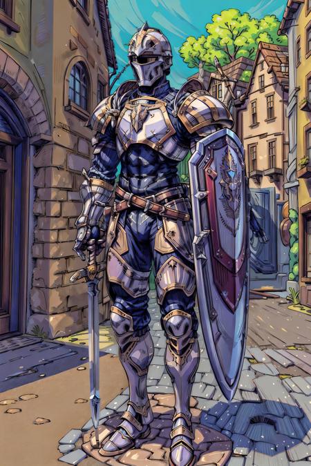 (masterpiece color illustration:1.3), solo full body front view portrait of a detailed PLD_IM knight holding a detailed shield and detailed sword standing in a beautiful detailed mediaeval town square, <lora:PLD_IM:0.7>, <lora:theovercomer8sContrastFix_sd15:1>