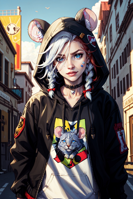 1girl, solo, long hair, looking at viewer, blue eyes, black hair, hair ornament, bow, animal ears, hair between eyes, jacket, braid, white hair, red hair, food, hood, twin braids, streaked hair, hoodie, fruit, bandaid, hooded jacket, hood up, multicolored eyes, strawberry, mouse ears, bandaid on face, cherry, bandaid on nose, mouse girl, cheese, sticker, outdoors