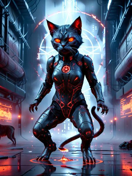 Horror-themed  <lora:Meowpocalypse:0.8> meowpocalypse, no humans, cat, glowing <lora:420Futurism:0.7> 420futurism,hyper-detailed, full body, satanic cyber demon cat, floating in mid-air surrounded by a digital pentagram, infernal energy cracks across its obsidian exoskeleton, red laser tail that burns the air, cyberpunk aesthetic, hellish factory backdrop, apocalyptic neon city with smoke rising, masterpiece, ultra-realistic, fire sparks flickering in the wind, wet streets reflecting chaotic colors, looking at the viewers, glowing abyssal engravings, mystic glyph holograms . Eerie, unsettling, dark, spooky, suspenseful, grim, highly detailed