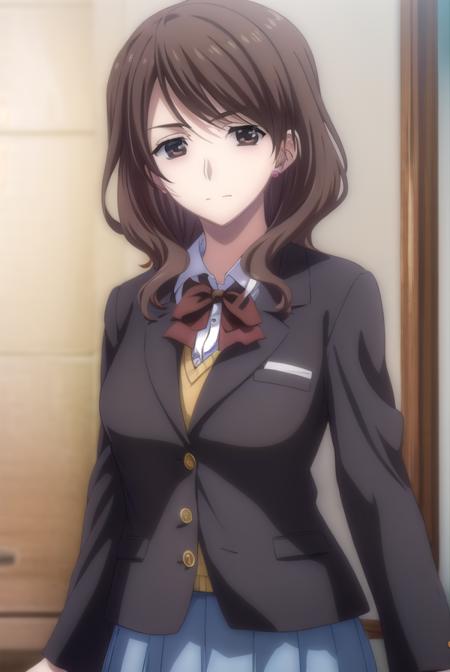 chieashikaga, <lora:chie ashikaga-lora-nochekaiser:1>,
chie ashikaga, brown hair, (brown eyes:1.5), medium hair,
BREAK skirt, long sleeves, bow, school uniform, earrings, bowtie, red bow, buttons, blazer, (black blazer:1.5),
BREAK indoors, classroom,
BREAK looking at viewer, (cowboy shot:1.5),
BREAK <lyco:GoodHands-beta2:1>, (masterpiece:1.2), best quality, high resolution, unity 8k wallpaper, (illustration:0.8), (beautiful detailed eyes:1.6), extremely detailed face, perfect lighting, extremely detailed CG, (perfect hands, perfect anatomy),