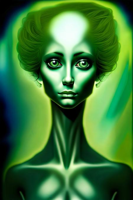 Green goddess, a beautiful alien woman with big eyes, big hair, a classic painting, insanely detailed, hd, 16k, best quality