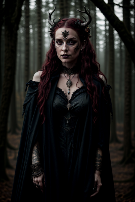 highly detailed, realistic, fine fabric detail, absurdres, highly-detailed, best quality, masterpiece, very aesthetic,
A mystical fantasy character dressed in dark pagan attire. A woman with piercing eyes, red wavy hair, and black tribal face paint. She wears an elaborate horned crown adorned with antlers and metal details. Her outfit consists of a black gothic dress with a fur cloak draped over her shoulders, accessorized with intricate jewelry, including a pendant with an ornate design. Her pose is commanding. The background features an overcast sky with a moody, cinematic atmosphere, surrounded by blurred autumnal trees. A dark fantasy aesthetic with strong witchy and medieval influences.
 <lora:VALYA-000008:0.7>