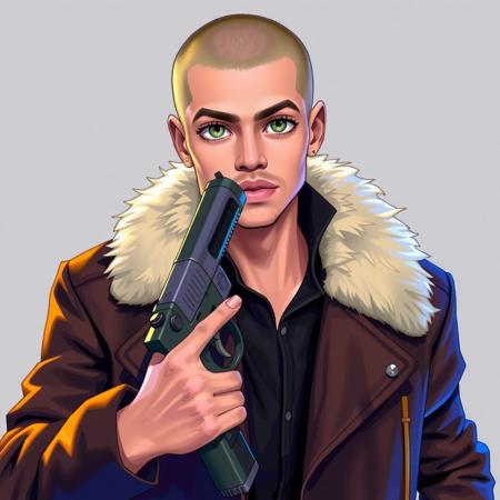 A digital illustration of young man with a blobde buzzcut hairstyle and broad nose, he is wearing a fur jacket  while holding a gun and  looking at the viewer, his eyes are green and it features highlights and shadows, netri_style
