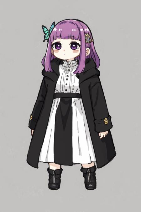 nozochibi, 1girl, solo, blush stickers, (chibi:1.4), simple background, full body, standing, <lora:nozo-08:1>, fern, purple eyes, long waist-length, purple hair, straight cut, blunt bangs, chest length, strand, butterfly hair ornament, long dress, buttoned, white dress, frilled collar, long sleeves, black boots, long hooded, coat, black coat, bracelet, <lora:fernv2-lora-nochekaiser:1>